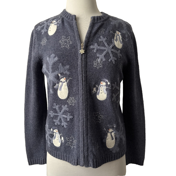 Women's Petite S Christmas Wool Blend Embroidered Snowmen Full Zip Cardigan Blue - Picture 1 of 10
